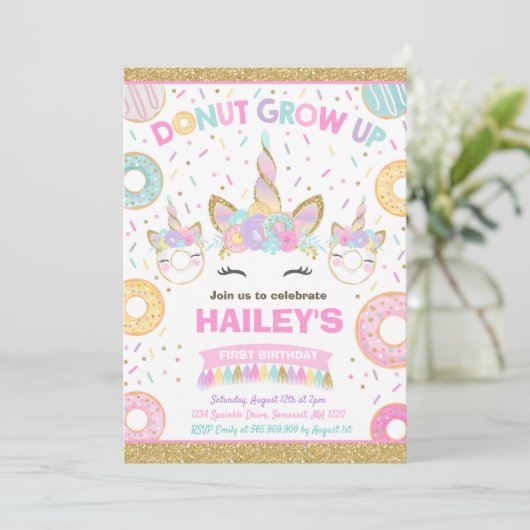 Donut En Eenhoorn Uitnodiging Donut Wordt Groot Fe (Staand voorkant)