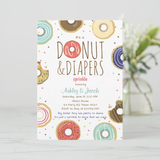 Donut en Luiers Spetter uitnodiging Coed feest (Staand voorkant)