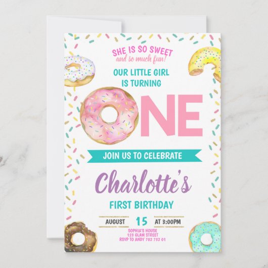 Donut First Birthday Girl Sweet Fun Cute Kaart (Voorkant)
