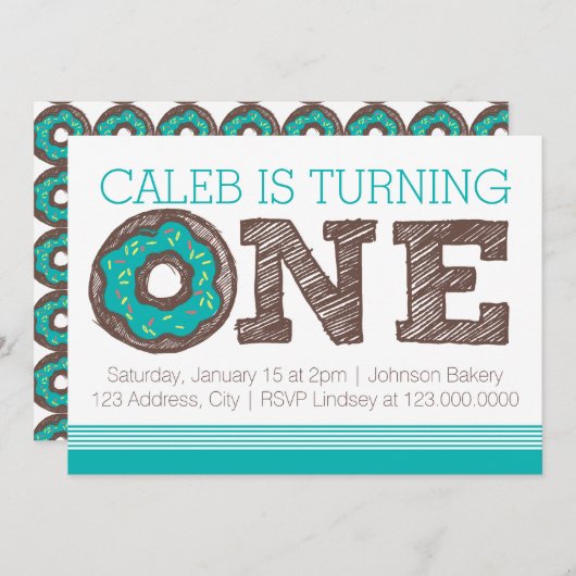 Donut First Birthday Invitation Kaart (Voorkant / Achterkant)