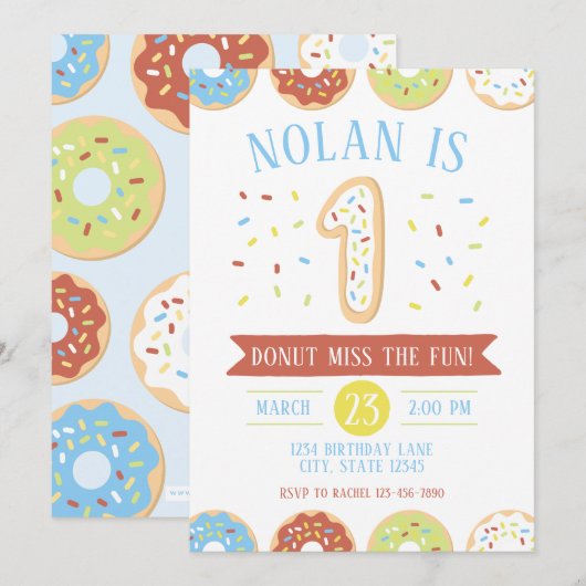 Donut First Birthday Invitation Kaart (Voorkant / Achterkant)