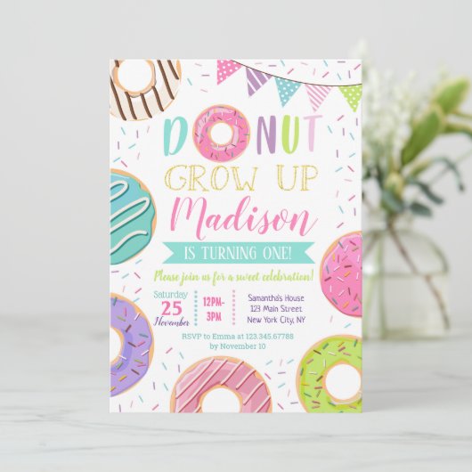 Donut First Birthday Invitations Kaart (Staand voorkant)