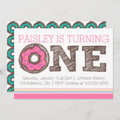 Donut First Birthday Uitnodiging - Roze (Voorkant / Achterkant)