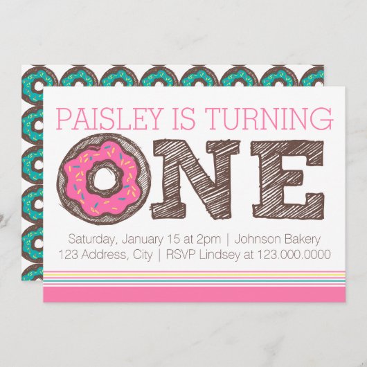 Donut First Birthday Uitnodiging - Roze (Voorkant / Achterkant)