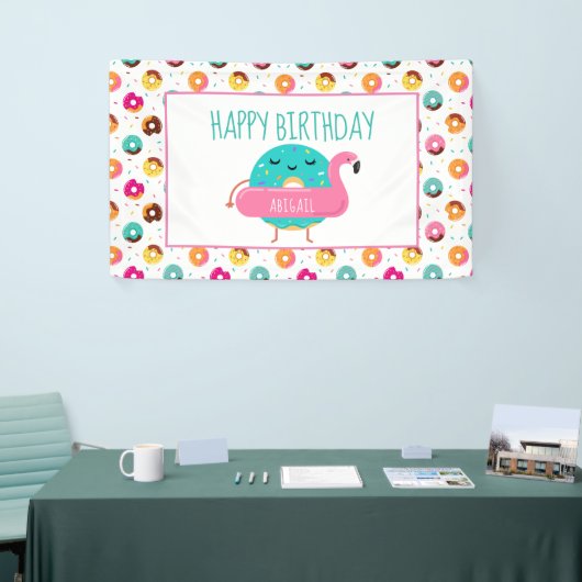 Donut Flamingo Birthday Pool Party Personalized Spandoek (Beurs)