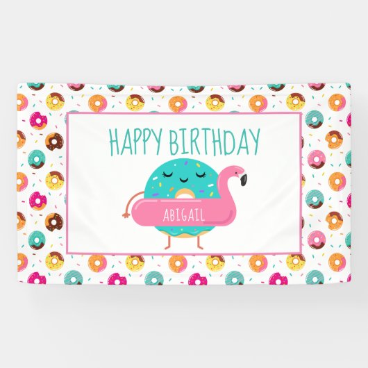 Donut Flamingo Birthday Pool Party Personalized Spandoek (Horizontaal)