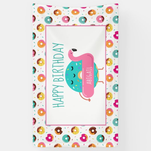 Donut Flamingo Birthday Pool Party Personalized Spandoek (Verticaal)