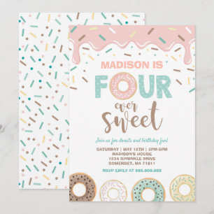 Donut Four Ever Sweet Invite Donut 4th Birthday Kaart