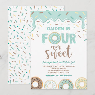 Donut Four Ever Sweet Invite Donut 4th Birthday Kaart