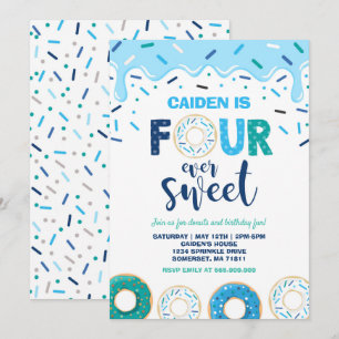 Donut Four Ever Sweet Invite Donut 4th Birthday Kaart