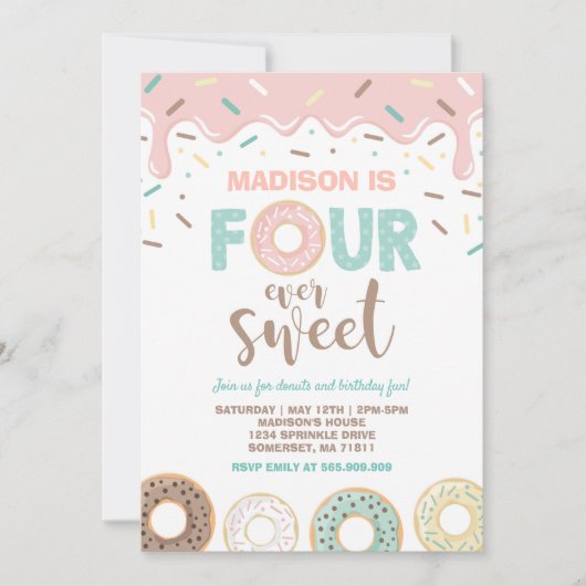 Donut Four Ever Sweet Nodig Donut 4e verjaardag ui Kaart (Voorkant)