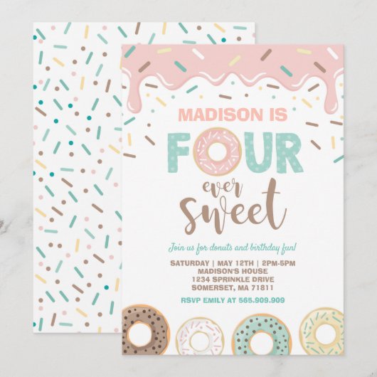 Donut Four Ever Sweet Nodig Donut 4e verjaardag ui Kaart (Voorkant / Achterkant)