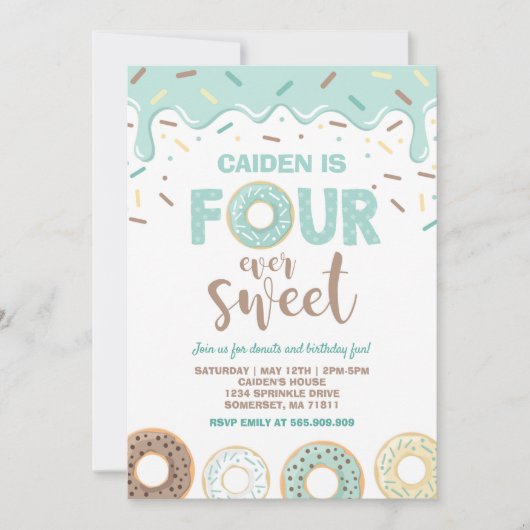 Donut Four Ever Sweet Nodig Donut 4e verjaardag ui Kaart (Voorkant)