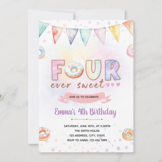 Donut FOURever zoete verjaardagsuitnodiging Kaart (Voorkant)