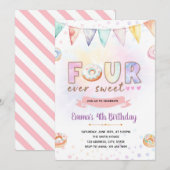 Donut FOURever zoete verjaardagsuitnodiging Kaart (Voorkant / Achterkant)