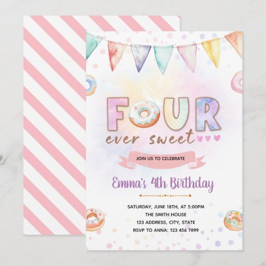 Donut FOURever zoete verjaardagsuitnodiging Kaart (Voorkant / Achterkant)