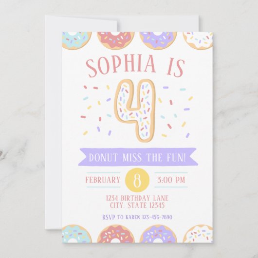 Donut Fourth Birthday Invitation Kaart (Voorkant)