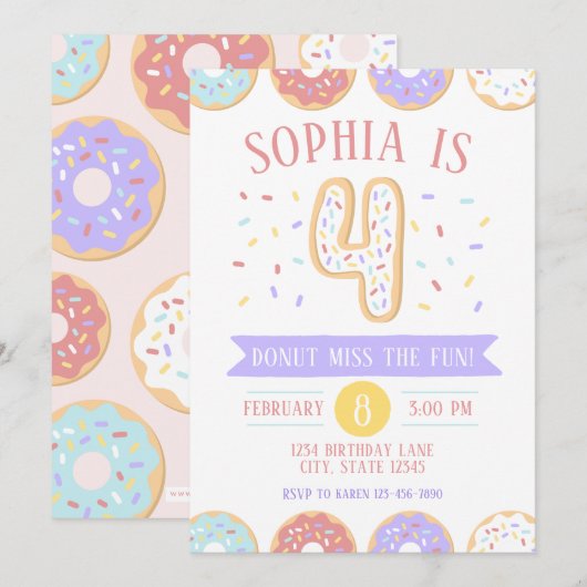 Donut Fourth Birthday Invitation Kaart (Voorkant / Achterkant)