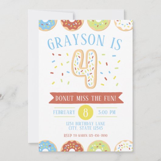Donut Fourth Birthday Invitation Kaart (Voorkant)