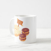 Donut geeft chocolade en witte chocolade op koffiemok (Voorkant links)