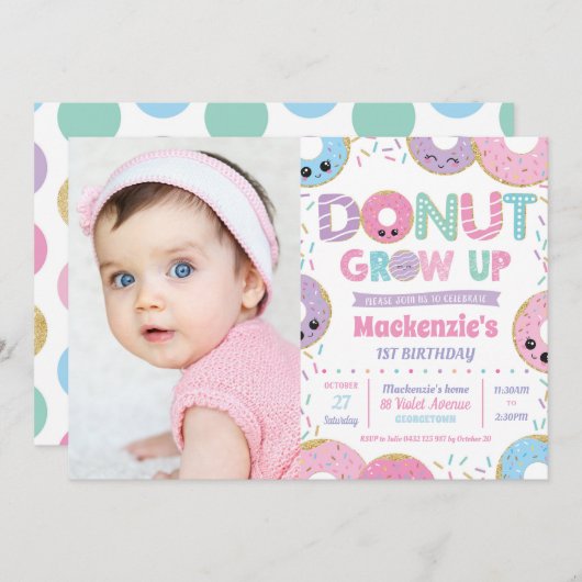 Donut Groei Kawaii Birthday Foto uitnodiging (Voorkant / Achterkant)