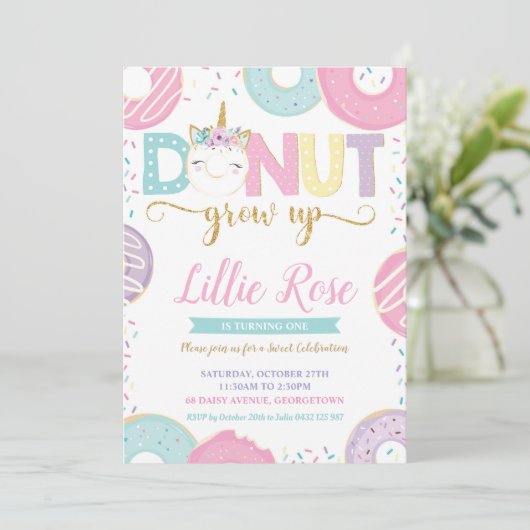 Donut Groei Unicorn 1e verjaardag Uitnodiging (Staand voorkant)