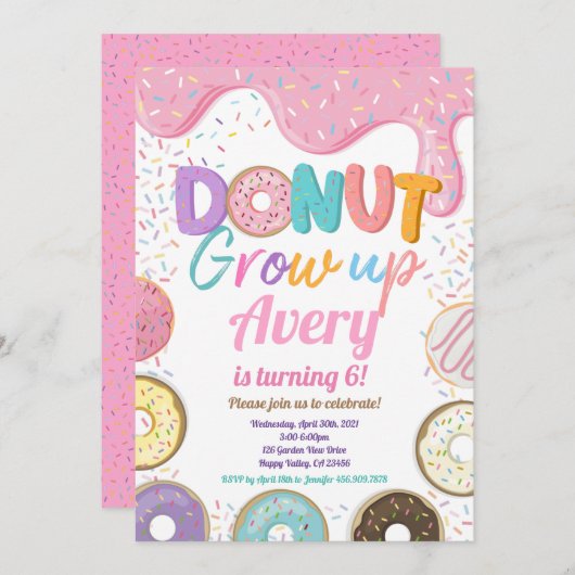 Donut Groeit Birthday Party roze pastel Girl Kaart (Voorkant / Achterkant)