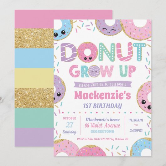 Donut groeit Kawaii Birthday Invitation Girl Kaart (Voorkant / Achterkant)