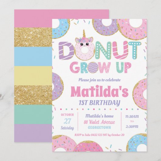Donut groeit op Unicorn Birthday Invitation Girl Kaart (Voorkant / Achterkant)