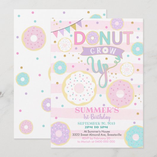 Donut Grow Up 1e verjaardag uitnodiging - Meisje (Voorkant / Achterkant)