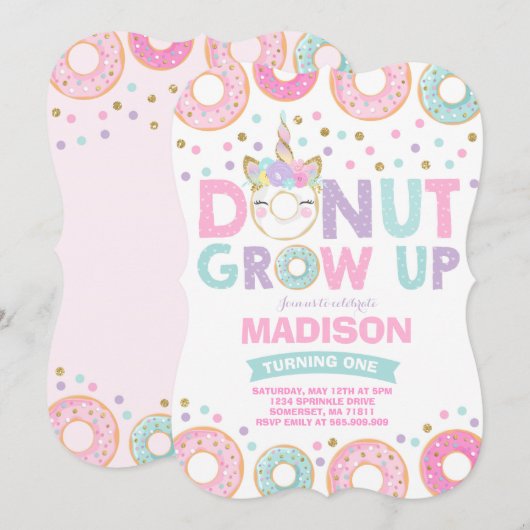 Donut Grow Up Birthday Invitation Donut & Unicorn Kaart (Voorkant / Achterkant)