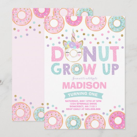 Donut Grow Up Birthday Invitation Donut & Unicorn Kaart (Voorkant / Achterkant)