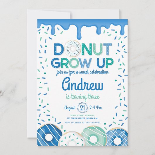 Donut Grow Up Blue Donut Verjaardag uitnodiging (Voorkant)