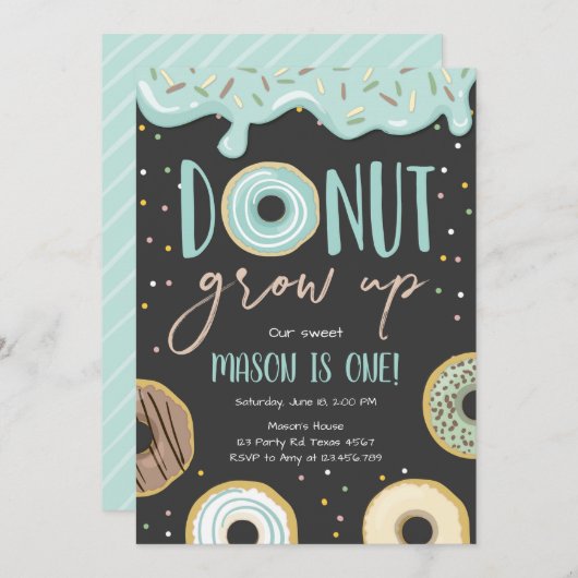 Donut Grow Up Blue Pastel Boy Eerste Verjaardag Kaart (Voorkant / Achterkant)