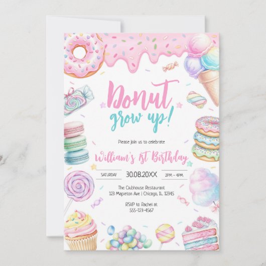Donut Grow Up Donut Birthday Party Invitation Kaart (Voorkant)