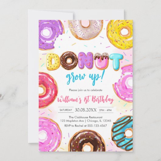 Donut Grow Up Donut Birthday Party Invitation Kaart (Voorkant)