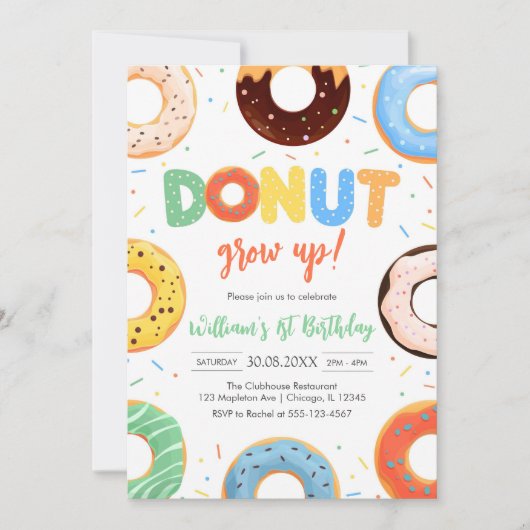 Donut Grow Up Donut Boy Birthday Party Invitation Kaart (Voorkant)
