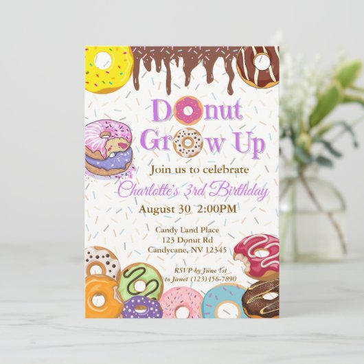 Donut Grow Up Donut Verjaardag Uitnodiging (Staand voorkant)
