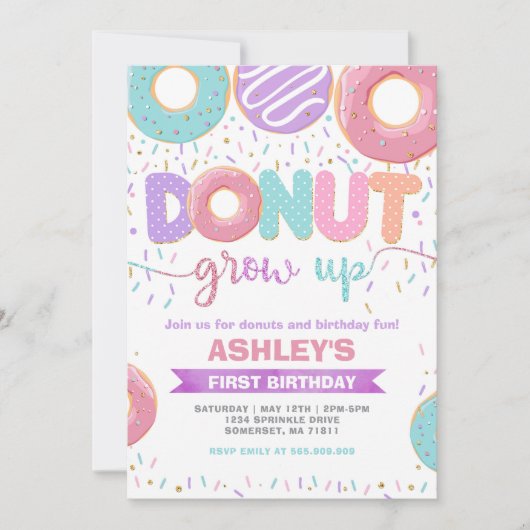 Donut Grow Up First 1st Birthday Invitation Kaart (Voorkant)