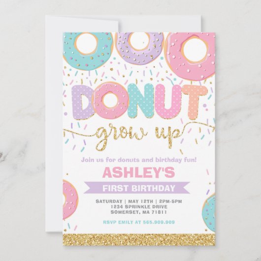 Donut Grow Up First 1st Birthday Invitation Kaart (Voorkant)
