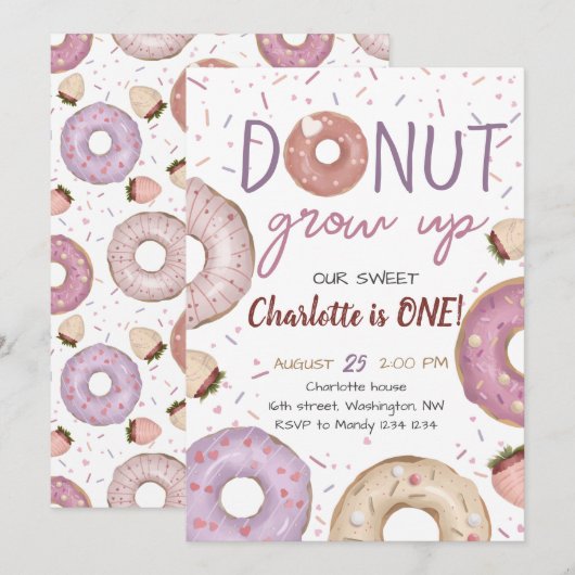 Donut Grow up Girl Birthday Invitation Kaart (Voorkant / Achterkant)