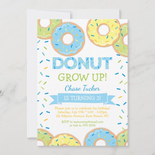 Donut Grow Up Jongen Verjaardag Uitnodiging Blauw (Voorkant)