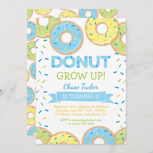 Donut Grow Up Jongen Verjaardag Uitnodiging Blauw (Voorkant / Achterkant)