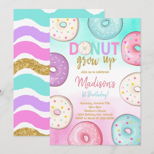 Donut Grow Up Kinderen Verjaardag Uitnodiging (Voorkant / Achterkant)