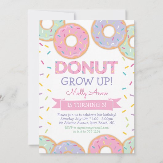 Donut Grow Up Meisje Verjaardag uitnodiging Roze (Voorkant)