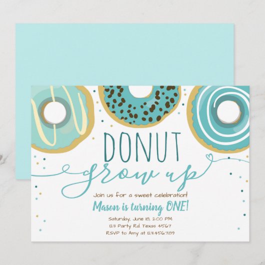 Donut Grow Up Party Blue Boy Eerste Verjaardag Kaart (Voorkant / Achterkant)