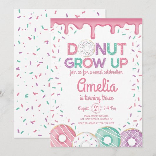 Donut Grow Up Pink Donut Verjaardag uitnodiging (Voorkant / Achterkant)