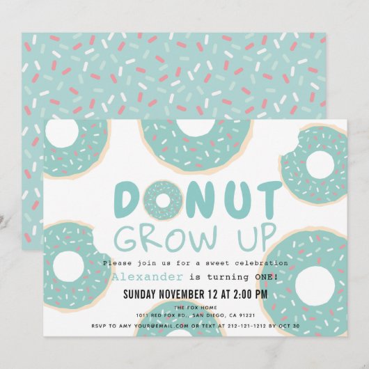 Donut Grow Up Turquoise Blue Boy 1e verjaardag Kaart (Voorkant / Achterkant)