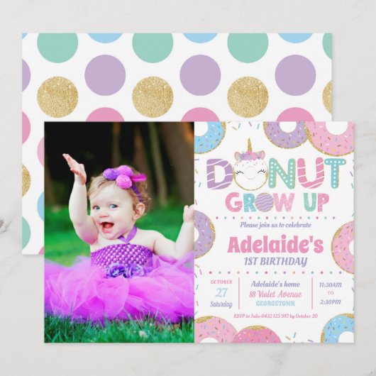 Donut Grow up Unicorn Birthday Foto uitnodiging (Voorkant / Achterkant)