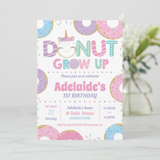 Donut Grow Up Unicorn Verjaardag Uitnodigingen Mei (Staand voorkant)